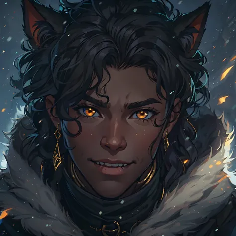 Close up in a beautiful black man with middle wavy hair, young man, confident eyes, Black beauty, golden eyes, cat ears, and a confident smile, dressed in dark and black clothes like an assassin, a fantasy character, an RPG character. Warm lighting, snowfl...