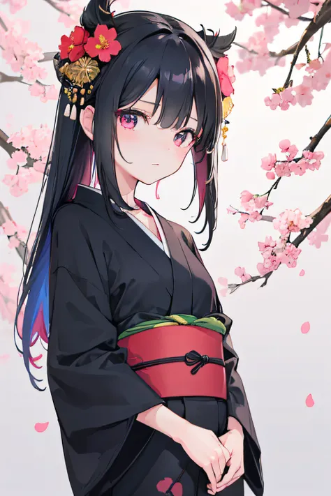 (best quality, realistic, highres, vivid colors:1.2), female, 1 girl, small body, black hair, long and straight hairstyle with bangs, adorned with flower hair accessories, eyes great, color eyes olive, wearing a black yukata with a red ribbon in the center...