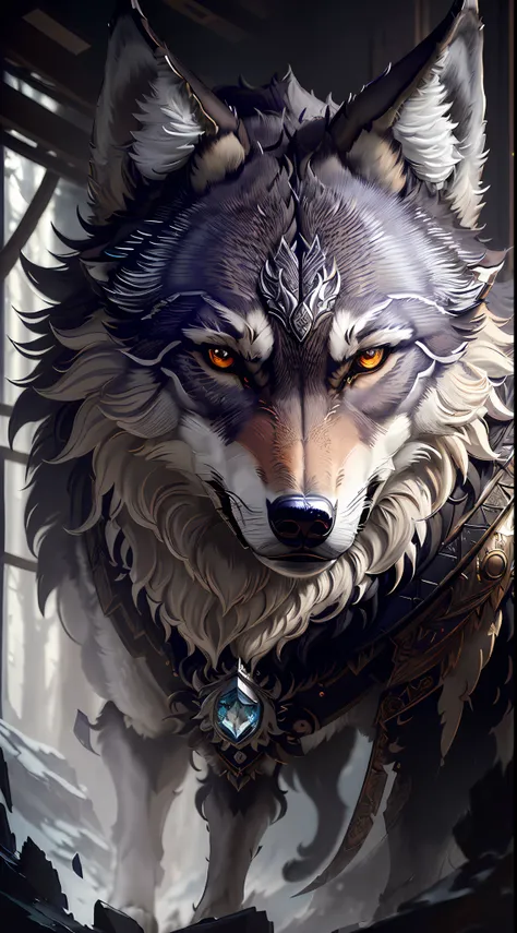 Masterpiece, best quality, ((Beautifully detailed Wolf)) (very detailed CG Unity 8k wallpaper), professional majestic oil paintings by Ed Blinky, Athea Gaylan, Studio Ghibli, Jeremy Mann, Greg Manchessa, Antonio Moro, popular on ArtStation, trending Midjou...