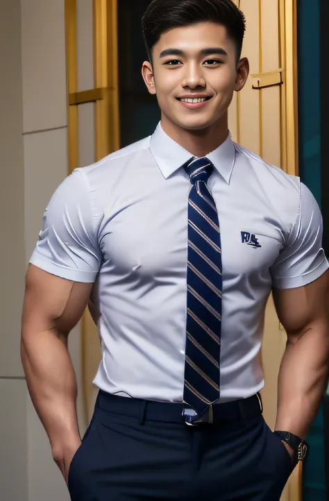 a handsome men ,20 age , short hair hair, korea , student，(((wear a tie....., navy shirt and navy suit....))), full body view,sm...