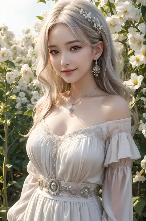 Best quality, masterpiece, ultra high res, (photorealistic:1.4), raw photo, 1girl, wavy hair, white hair, off shoulder, earrings, necklaces, light smile, flower fields, cinematic lighting