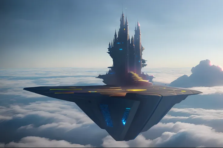 Above the clouds，Interstellar voyage，Huge high-tech floating Gothic castle，Above the clouds，Huge mobile Gothic castle，Floating Gothic castle，Sea of clouds，Futuristic woman futuristic floating castle with futuristic futuristic floating castle background, in...