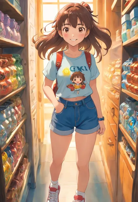 (best quality, high-res, photo-realistic:1.2), ultra-detailed, portraits, denim pants, athletic sneakers, adorable, genki girl, smiling, long hair, Qi bangs, rays of sunshine, super-fine rendering