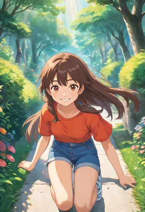 (best quality, high-res, photo-realistic:1.2), ultra-detailed, portraits, denim pants, athletic sneakers, adorable, genki girl, smiling, long hair, Qi bangs, rays of sunshine, super-fine rendering