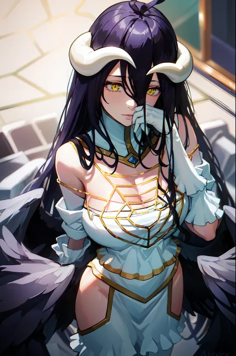 albedo from overload, anime art style, demon horns, white gloves, white dress, bare shoulders, detached collar, cleavage, slit p...