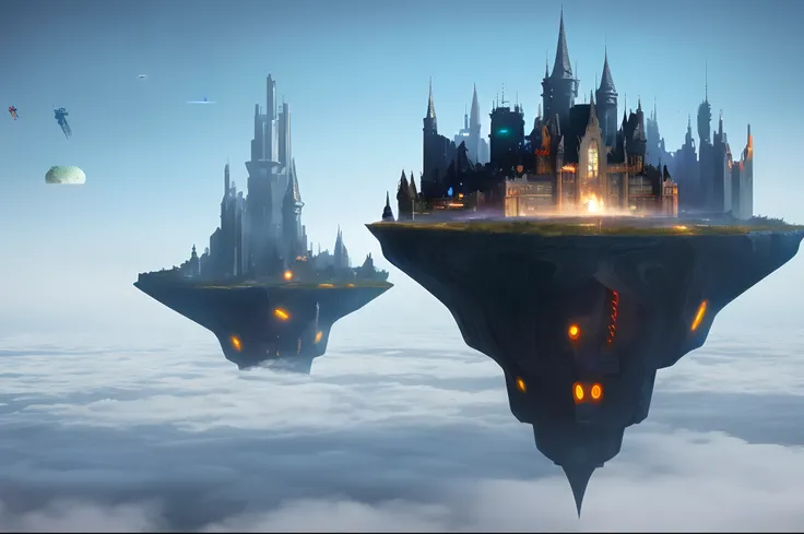 Above the clouds，Interstellar voyage，Huge high-tech floating Gothic castle，Above the clouds，Huge mobile Gothic castle，Floating Gothic castle，Sea of clouds，Futuristic woman futuristic floating castle with futuristic futuristic floating castle background, in...