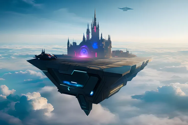 Above the clouds，Interstellar voyage，Huge high-tech floating Gothic castle，Above the clouds，Huge mobile Gothic castle，Floating Gothic castle，Sea of clouds，Futuristic woman futuristic floating castle with futuristic futuristic floating castle background, in...