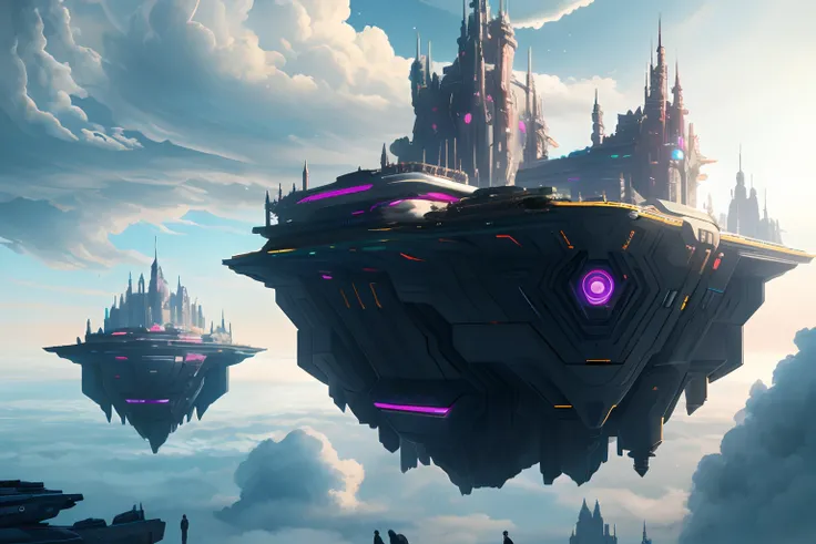 Above the clouds，Interstellar voyage，Huge high-tech floating castle，Above the clouds，Huge moving castle，Floating castle，Sea of Clouds，Futuristic woman futuristic floating castle with futuristic futuristic floating castle background, inspired by Marek Okon,...