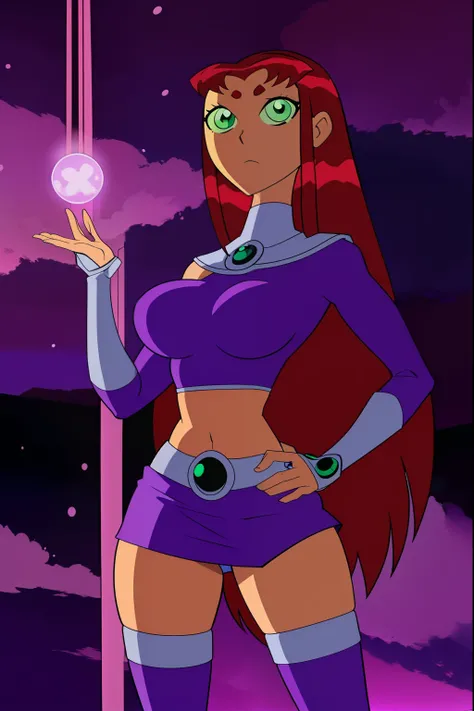 Teen titans, Starfire, anime, masterpiece, 1girl, ((bimbo))), green eyes, beautiful eyes, long red hair, wide hips, thick thigh, big breast, huge ass, shiny skin, purple skirt, purple top, reaching hand out blasting glowing energy at viewer, serious face,