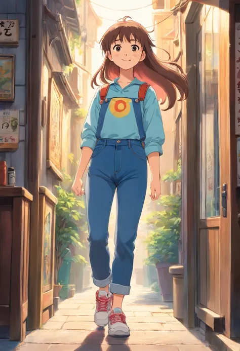 (best quality, high-res, photo-realistic:1.2), ultra-detailed, portrait, looking away, denim pants, athletic sneakers, adorable, genki girl, smiling, long hair, Qi bangs, rays of sunshine, super-fine rendering