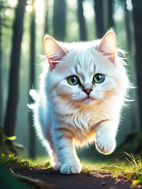 close up photo of a very cute jumping super fluffy white kitten in the forest, soft volumetric lights, (backlit:1.3), (cinematic:1.2), intricate details, (ArtStation:1.3), Rutkowski