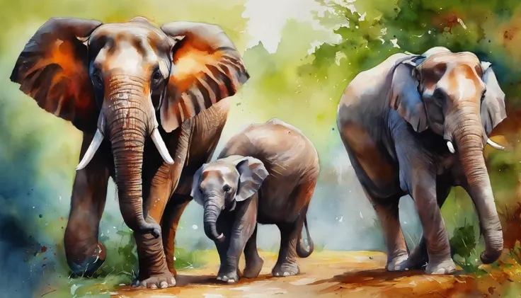 Family of three asian elephants, dad, mom and son, walking towards the camera, Alessandro Pautasso art, 4K detailed painting, inspired by Sandra Chevrier, Colorful art, vibrant digital painting, colorful digital painting.