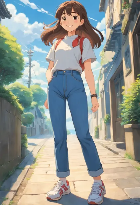 (best quality, high-res, photo-realistic:1.2), ultra-detailed, portrait, looking in the sky, denim pants, athletic sneakers, adorable, genki girl, smiling, long hair, Qi bangs, rays of sunshine, super-fine rendering