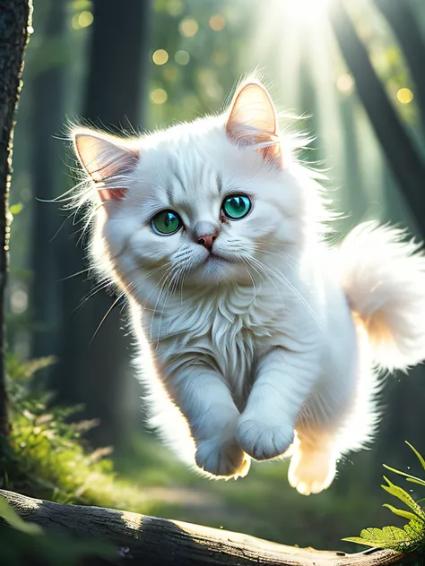 close up photo of a very cute jumping super fluffy white kitten in the forest, soft volumetric lights, (backlit:1.3), (cinematic:1.2), intricate details, (ArtStation:1.3), Rutkowski