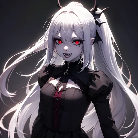 (masterpiece), best quality, expressive eyes, perfect face, ((long white hair)), vampire fangs, ((red eyes)), pale skin, black g...