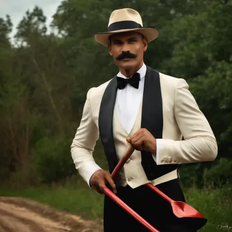 man with tuxedo half body, with shovel, at longway road