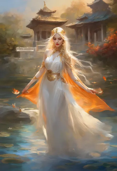 Anime game Arcane Gardens of the Great White Empire - Girl, fairy, golden eyes, fiery golden hair, orange feather wings, fairy wings, feathers, fiery golden dress, white tights, white hairpin, lotus bracelet, fiery lotuses, lake, sunset, Asian temple on th...