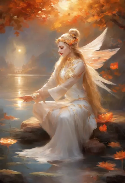 Anime game Arcane Gardens of the Great White Empire - Girl, fairy, golden eyes, fiery golden hair, orange feather wings, fairy wings, feathers, fiery golden dress, white tights, white hairpin, lotus bracelet, fiery lotuses, lake, sunset, Asian temple on th...