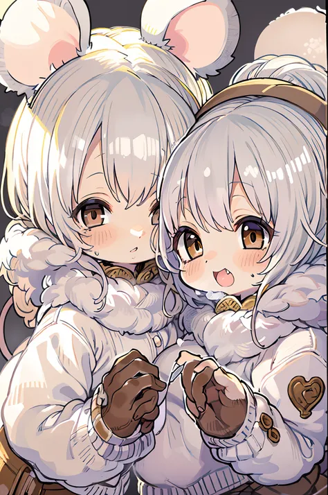 twins, Mouse Girls, short fluffy white hair, Big round mouse ears, White sweater, Holding hands, ((dark brown eyes)), a couple, Beautiful, Glossy lips, Detailed eyes,Chibi