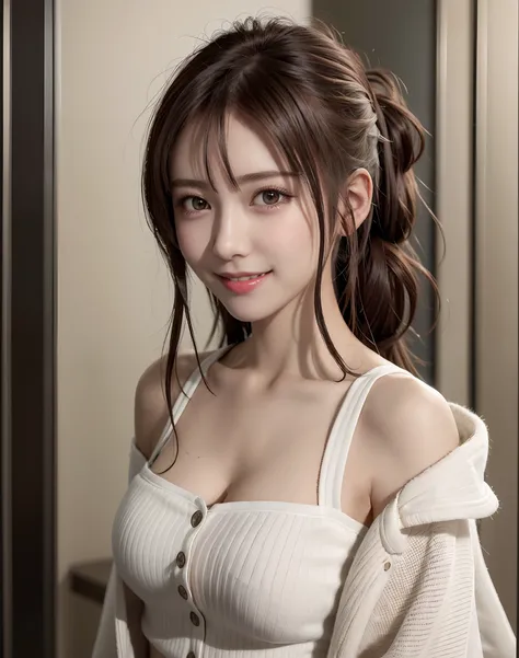 (Best Quality), (masutepiece), (High resolution), (Intricate details:0.2),(Professional Lighting), dressing gown, Detailed background,off shoulders, (Previous view), 1girl in, Solo, (Beautiful face),  Slim body, Fine skin, Smile, brown hair in a ponytail, ...