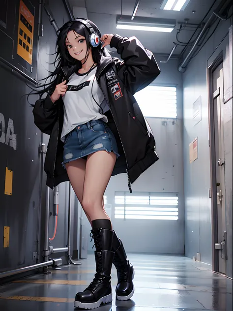 Girl with black Jacket, black long hair, denim miniskirt, white t-shirt, rock high boots, smiling, headphones, enjoying music, room background