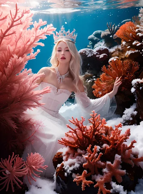 a woman, snow covered ground, under the water, nick knight, covered in coral and barnacles, fashion, crystalline translucent, sw...