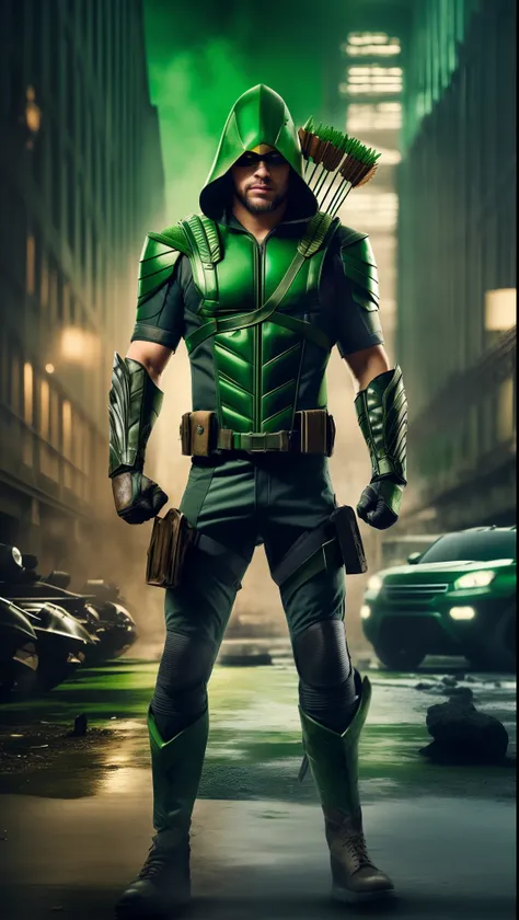 um homem com traje de arqueiro verde no meio de uma cidade, sem texto, armadura verde, flecha, usando armadura verde e capacete, Jayson Tatum como Guerilla Heroica, metallic green armor, pele de cor verde!!, Capuz Verde, usando armadura de batalha verde, h...