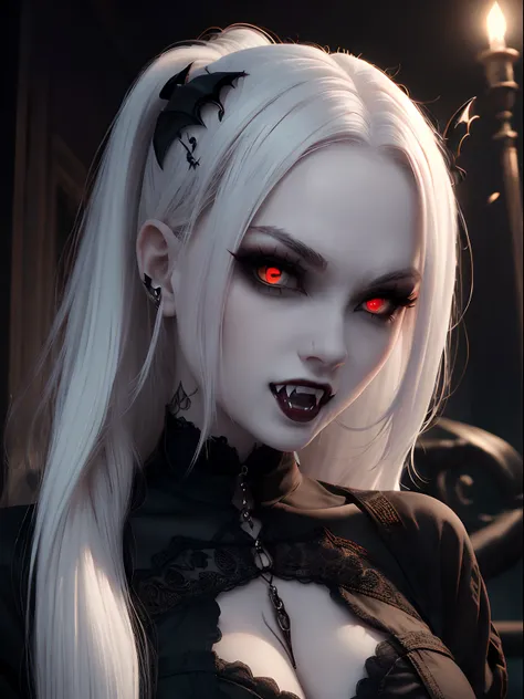 (masterpiece), best quality, expressive eyes, perfect face, ((long white hair)), vampire fangs, ((red eyes)), pale skin, black g...