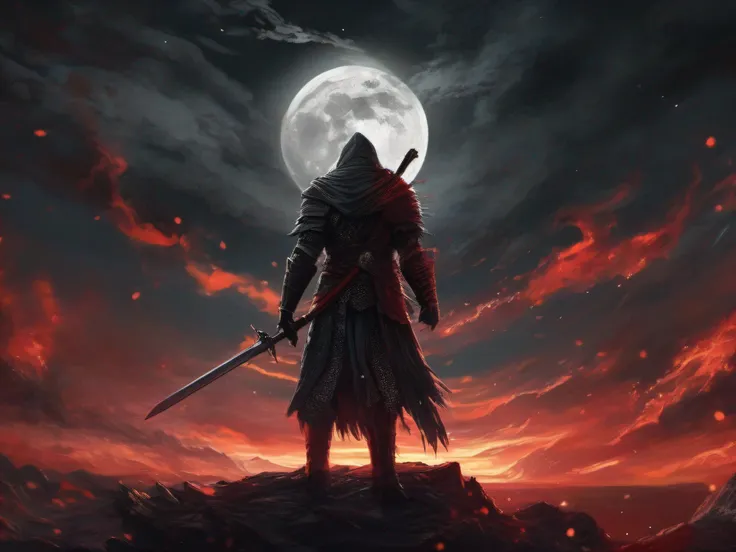 the dark hood wrath holding a sword and a red flame, dark souls art style, epic fantasy art style, , in style of dark souls 3, epic fantasy style art, full moon, cosmic sky, at night, epic art, super detailed, intricate detail