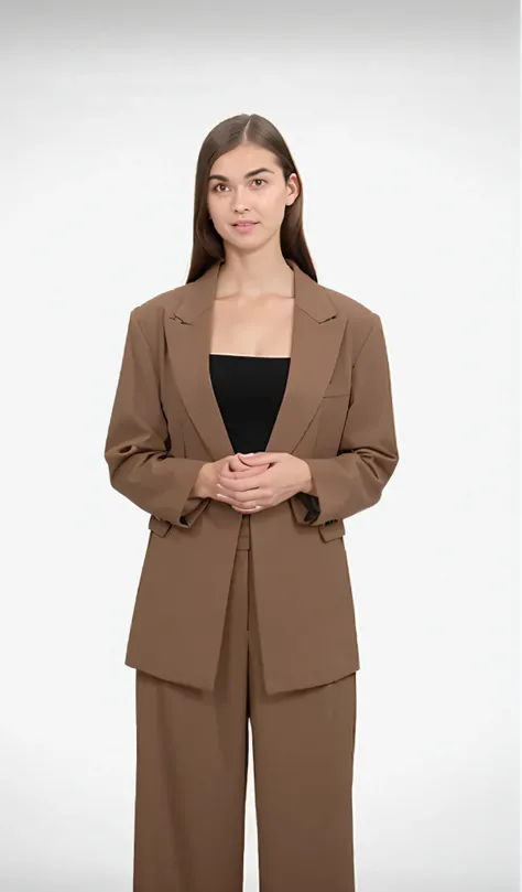 A woman in a brown suit stands with her hands on her chest, brown jacket with long sleeves, Brown jacket, Girl in suit, girl in a suit, tan suit, office clothes, eora, with two front pockets, wearing a worn out brown suit, wearing jacket and skirt, high qu...