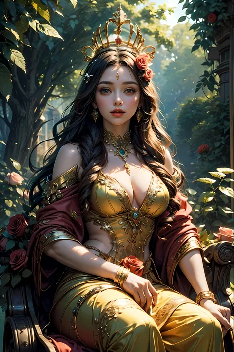 ((majestic goddess Venus:1.2),seated gracefully on a chariot, adorned with {(vibrant feathers:1.1),(resplendent crown made of roses and myrtle leaves:1.1)},hair flowing elegantly)