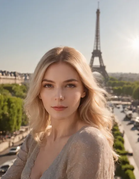 femme (femelle) Attractive near the Eiffel Tower, cheveux blond, Pose attrayante, Sun behind, Vue attrayante,Prise de vue moyenne