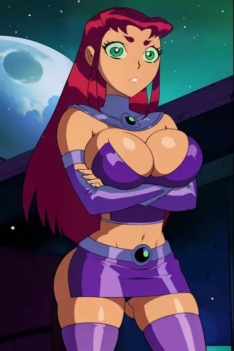 Teen titans, Starfire, anime, masterpiece, 1girl, ((bimbo))), green eyes, beautiful eyes, long red hair, wide hips, thick thigh, big breast, cleavage, huge ass, shiny skin, purple skirt, purple top, crossed arms, serious face,