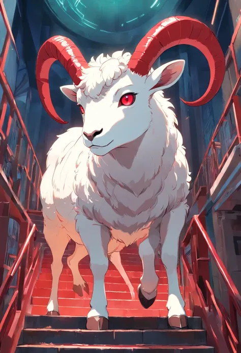 a detailed anime drawing of a dangerous white ram with red markings on its body, large curled horns, and red eyes. It is lost in a deep, spiral staircase with no way out