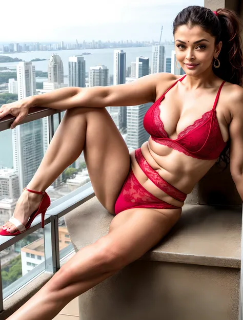 50 year old athletic milf Aishwarya Rai, ponytail tied hair, red lace lingerie, high heels, naked upper body, erotic modelling, bare breasts popping out, posing in terrace of skyscraper , bright sunny day, seductive face, look at a camera and smile, erotic...