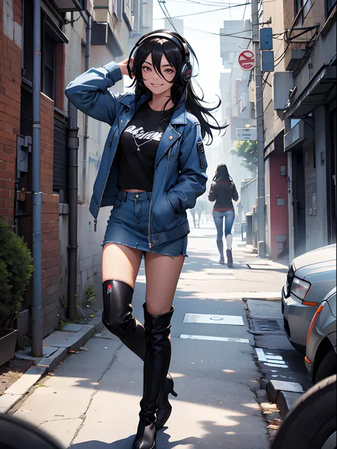 Girl with blue Jacket, black long hair, denim miniskirt, black t-shirt, sexy rock knee high boots, smiling, headphones, enjoying music