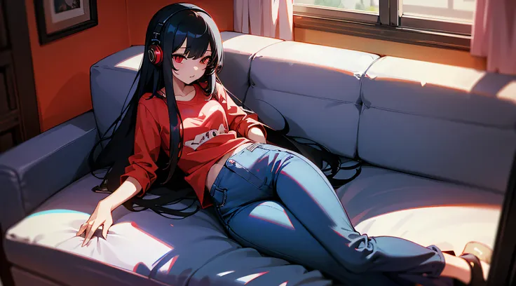 girl with long black hair and red eyes listening to music in her room with headphones, she is wearing a shirt and blue pants and siting on sofa.