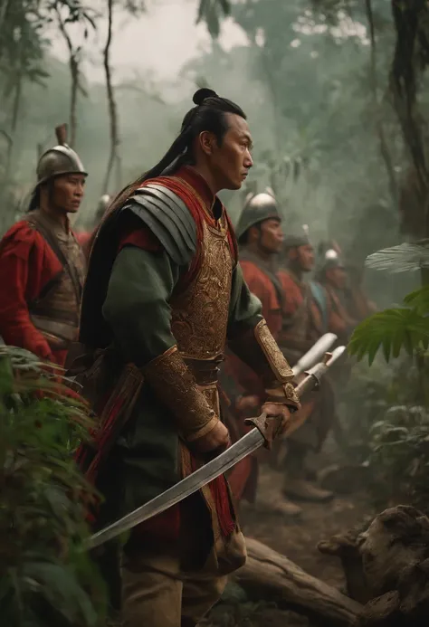 Ancient Chinese soldiers meet ancient European soldiers in the jungle，Weapon each other against each other，The atmosphere is intense，