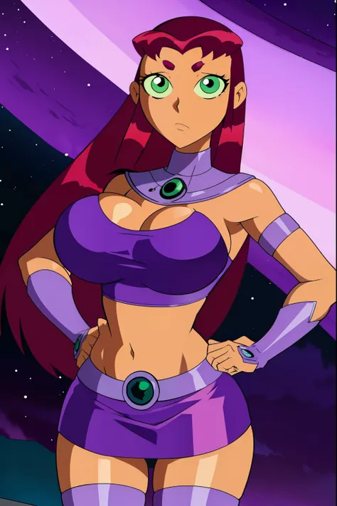 Teen titans, Starfire, anime, masterpiece, 1girl, ((bimbo))), green eyes, beautiful eyes, long red hair, wide hips, thick thigh, big breast, cleavage, huge ass, shiny skin, purple skirt, purple top, serious face, posing