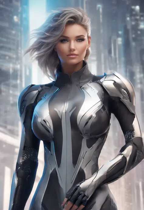 Personagen feminina, armadura futurista,  peitos grandes, bunda grande, sorriso lindo, cabelo preto longo, capuz, segurando uma espada, melhor qualidade, 4k, seios gigantes , mechas no fundo