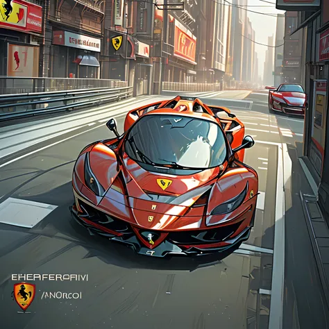 ((Photograph From a Ferrari)) Racing car in an epic position on a city street, realistic, photography, cinematic, dramatic camera, masterpiece, ultra high, epic, Intricate, Dramatic