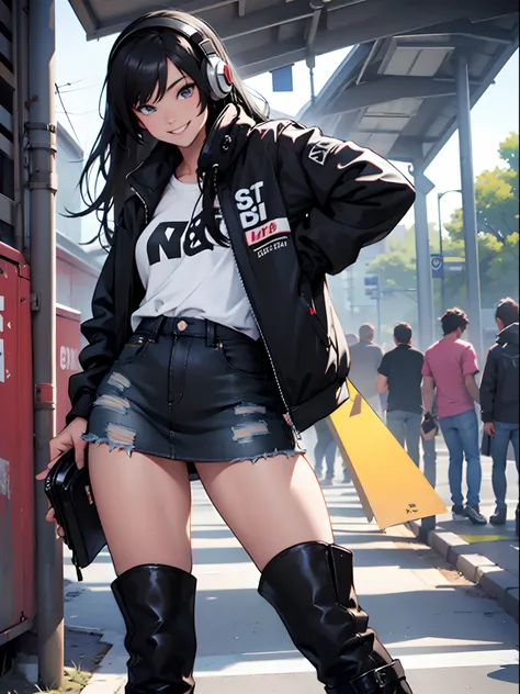 Girl with black Jacket, black long hair, denim miniskirt, white t-shirt, sexy black high boots, smiling, headphones, enjoying music