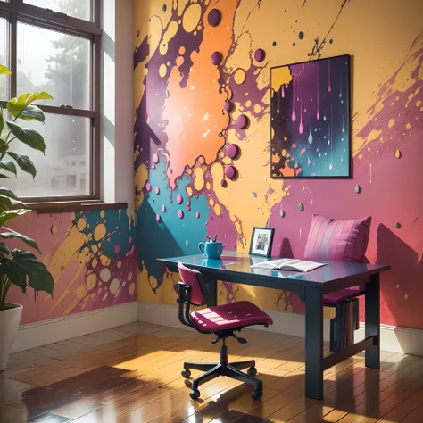 Vibrant study room, a lively burst of colors, with rain pouring outside the window. The atmosphere is dynamic and energizing, with bold hues adorning the walls and furniture. The rain-splattered windowpane adds a cozy, introspective touch.