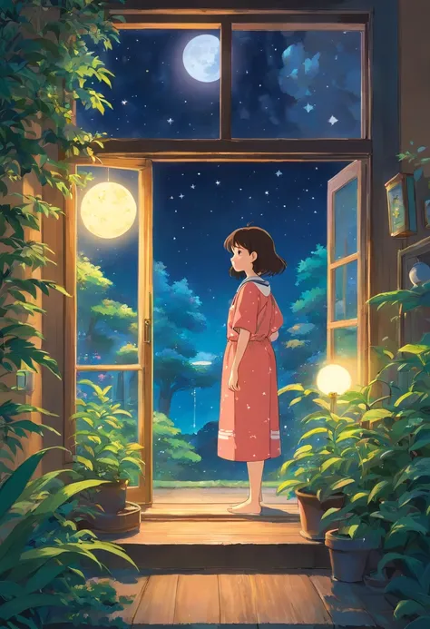 The setting shows a garden illuminated by the soft moonlight and dotted with stars. Lily, uma garotinha de dez anos, Hes in his pajamas, Looking out the bedroom window with a fascinated expression. Posters of astronauts and planets decorate the walls of th...