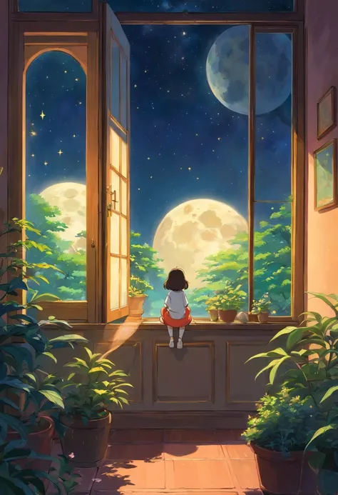 The setting shows a garden illuminated by the soft moonlight and dotted with stars. Lily, uma garotinha de dez anos, Hes in his pajamas, Looking out the bedroom window with a fascinated expression. Posters of astronauts and planets decorate the walls of th...