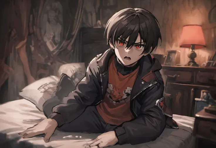 Leon S. Kennedy 9 year old child sitting on his bed in his room in an ordinary house with a look of fear, black hair, the screen a little far away