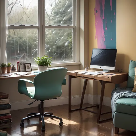 Vibrant study room, a lively burst of colors, with rain pouring outside the window. The atmosphere is dynamic and energizing, with bold hues adorning the walls and furniture. The rain-splattered windowpane adds a cozy, introspective touch.