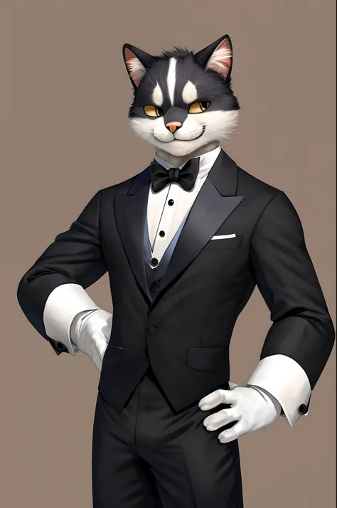 masterpiece, best quality, highres, 1male, solo, white cat man, furry, black tuxedo,  white formal gloves, smile, beautiful face, hand on hip, butler,