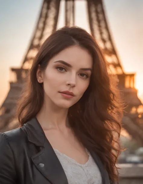 femme (femelle) Attractive near the Eiffel Tower, cheveux noir, pose attrayante, Sun behind, Vue attrayante,Prise de vue moyenne