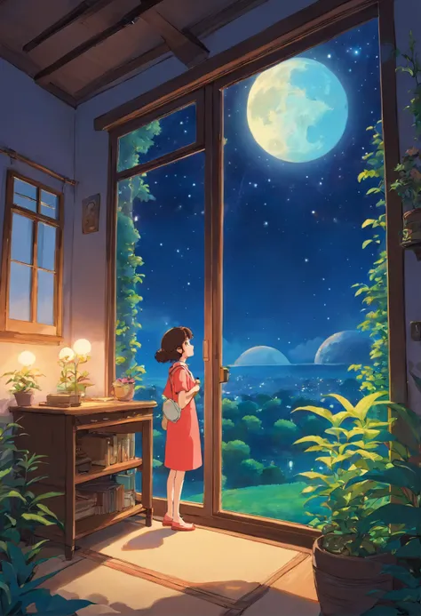 The setting shows a garden illuminated by the soft moonlight and dotted with stars. Lily, uma garotinha de dez anos, Hes in his pajamas, Looking out the bedroom window with a fascinated expression. Posters of astronauts and planets decorate the walls of th...